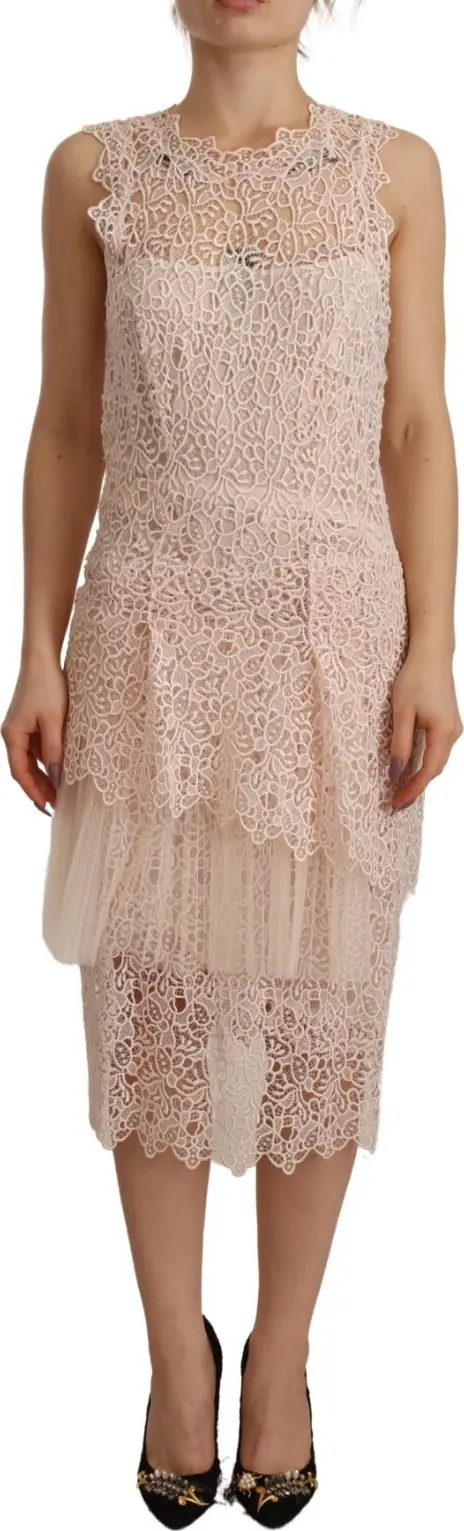Sheath Tiered Beige Viscose Sleeveless Midi Dress