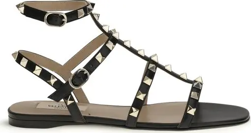 Black Calf Leather Bos Taurus Flat Sandals