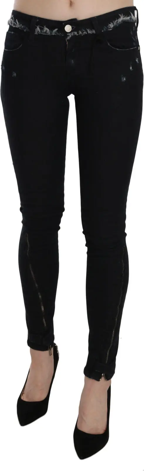 Black Low Waist Zipper Leg Skinny Denim Jeans