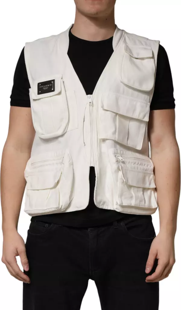 White Cotton Cargo Men Vest Coat Jacket