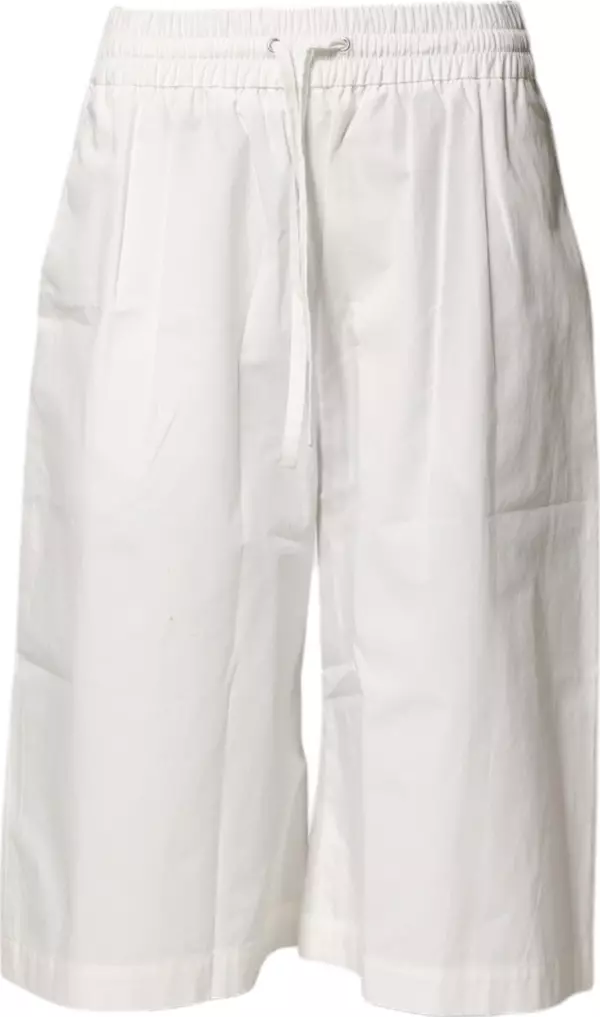 White Cotton High Waist Wide Leg Straight Bermuda Shorts