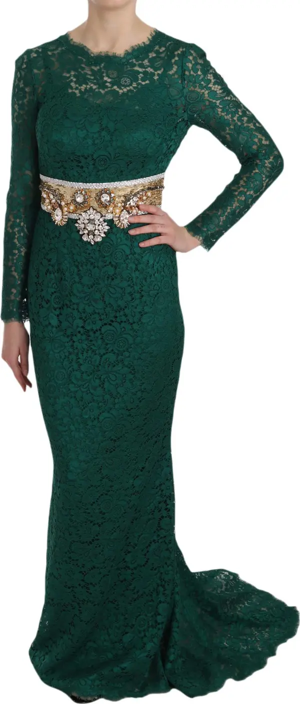 Crystal Gold Belt Lace Sheath Gown Dress