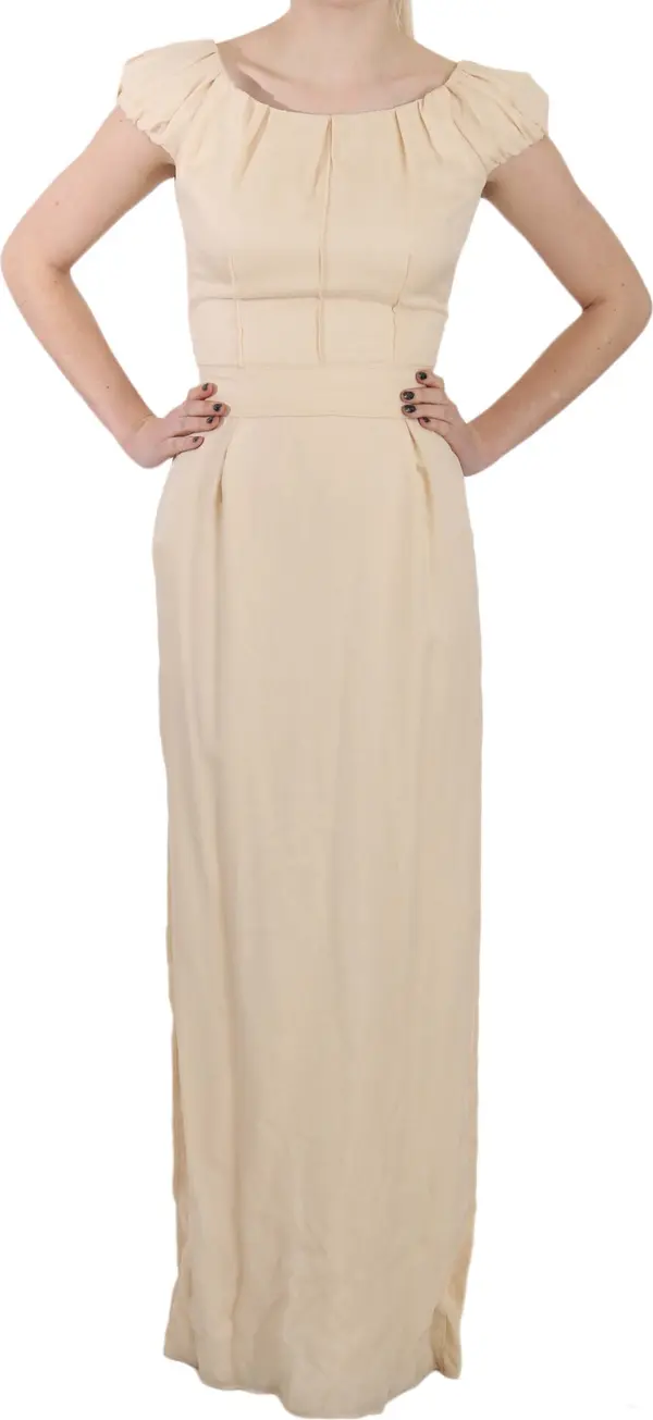 Beige Silk Column Cap Sleeve Gown Dress