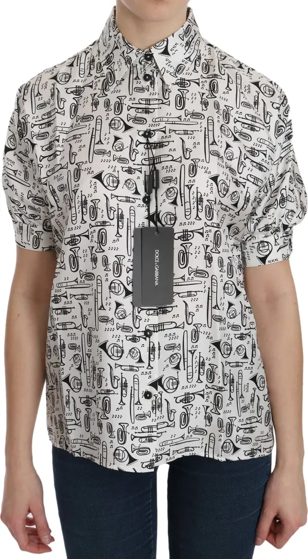 White Musical Instrument Collared Blouse  Shirt