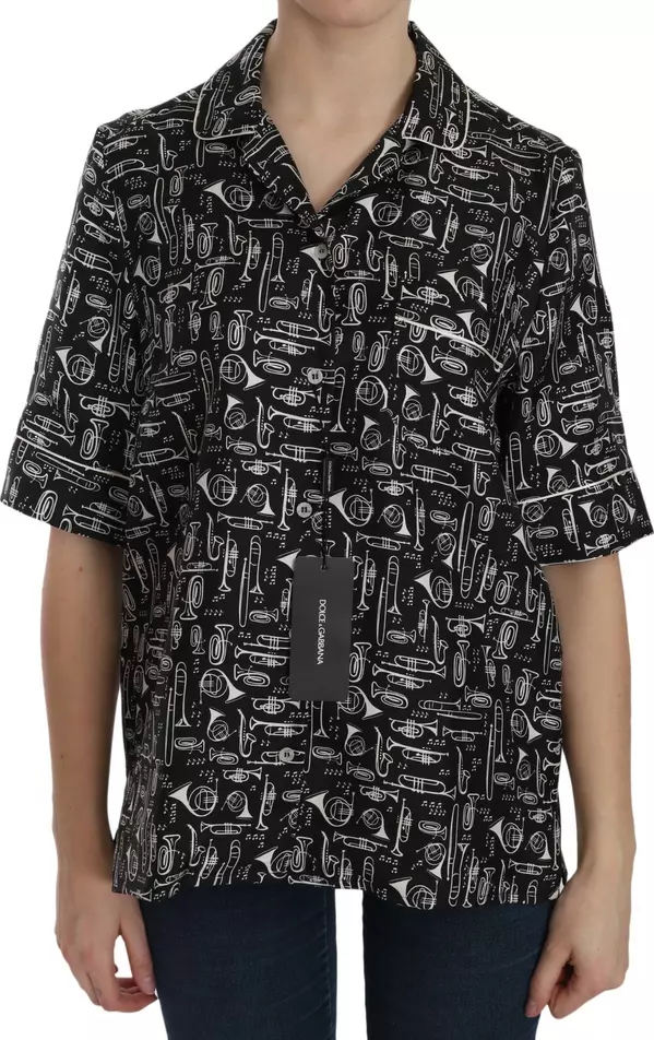 Black Musical Instrument Print Silk  Top