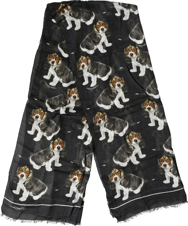 Black Modal Wool Dog Print Fringed 178cm x 64cm Scarf