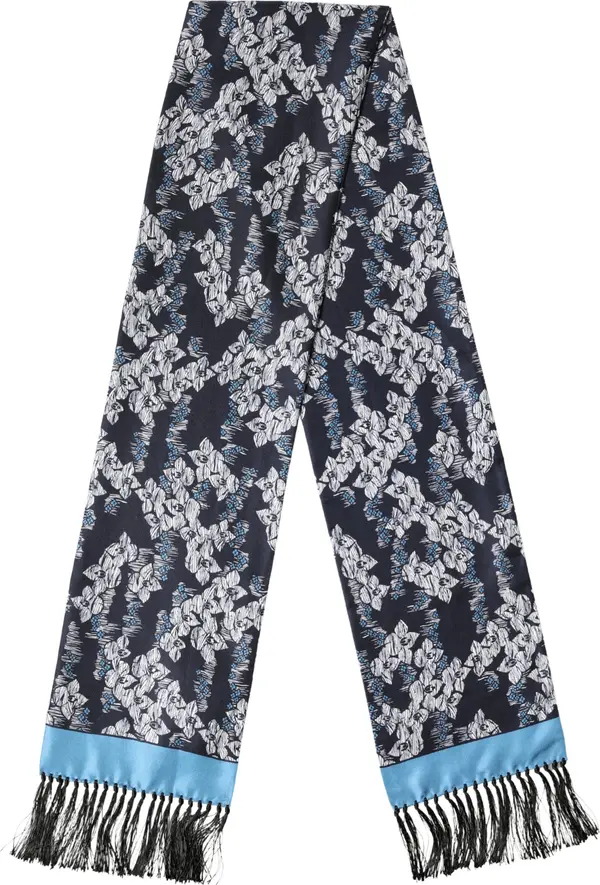 Black Blue Silk Floral Pattern Fringe 140cm x 16cm  Scarf