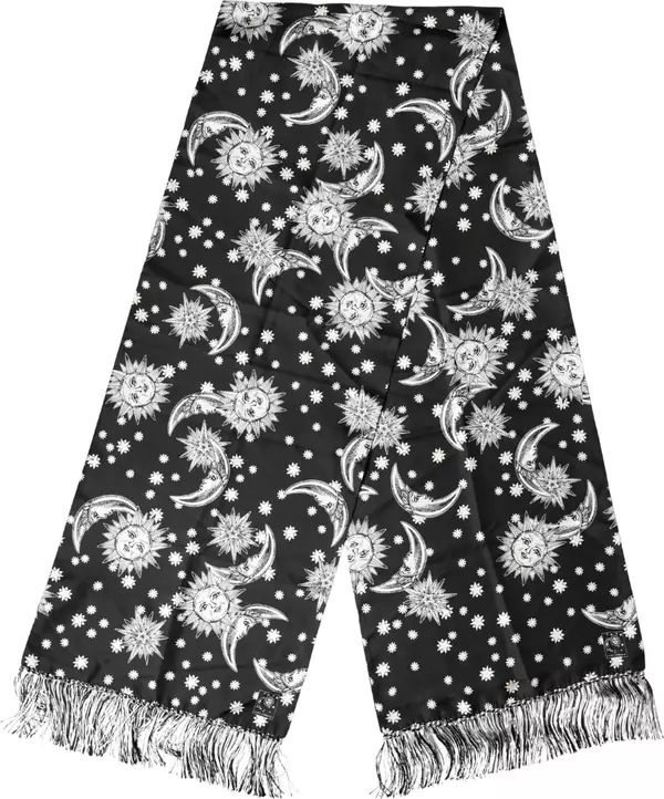 Black Silk Sun Moon Star Fringe Foulard 178cm X 33cm Scarf