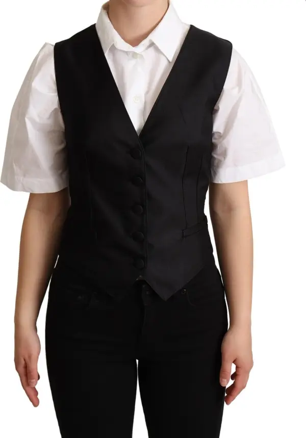 Solid Black Silk Sleeveless Waistcoat Vest Top