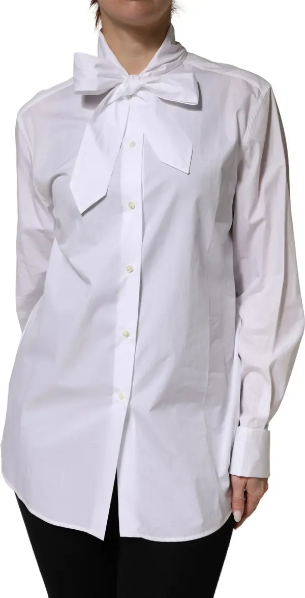White Cotton Bow Tie Long Sleeves Blouse Top