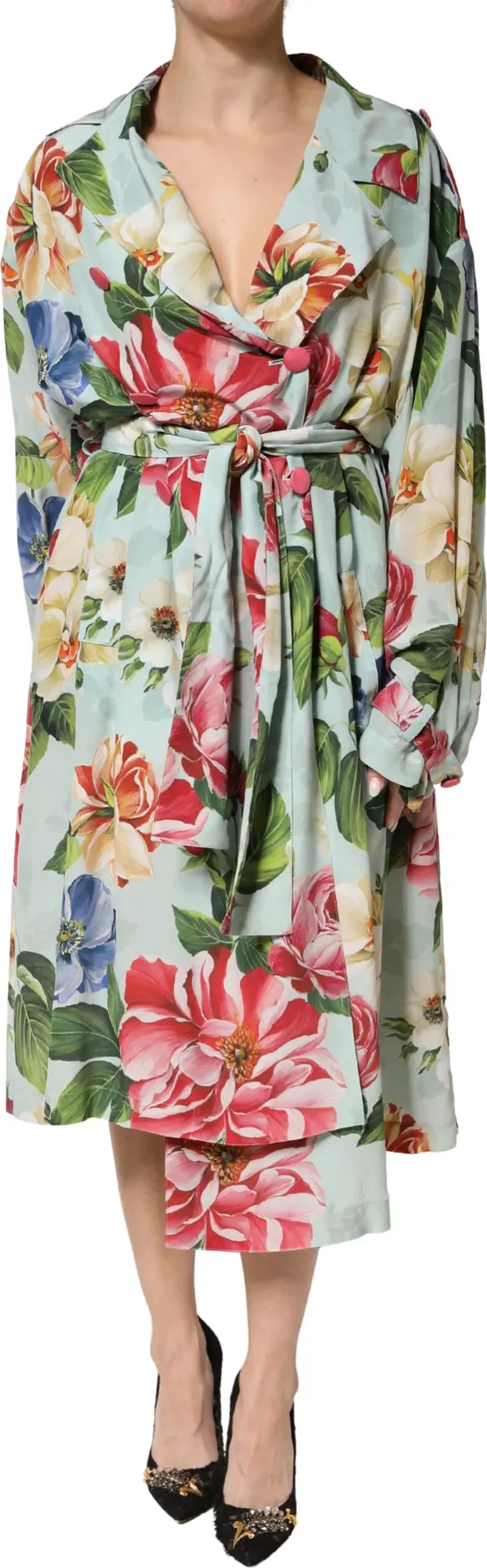 Green Floral Silk Wrap Midi Long Sleeve Dress