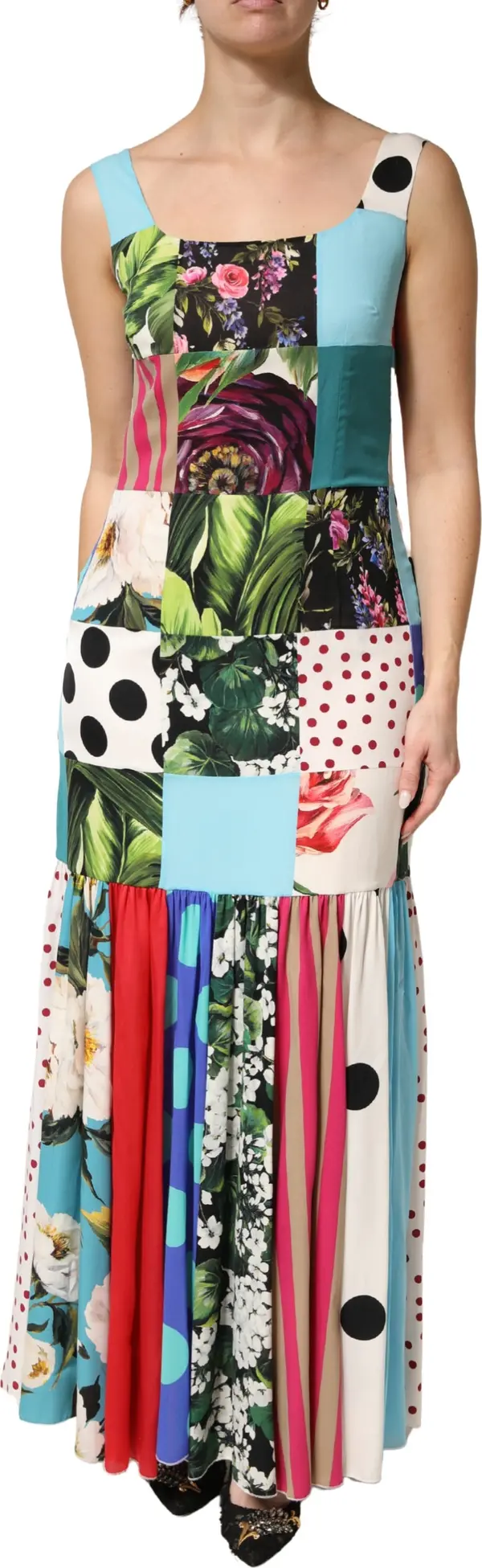 Multicolor Patchwork Silk Sleeveless Dress