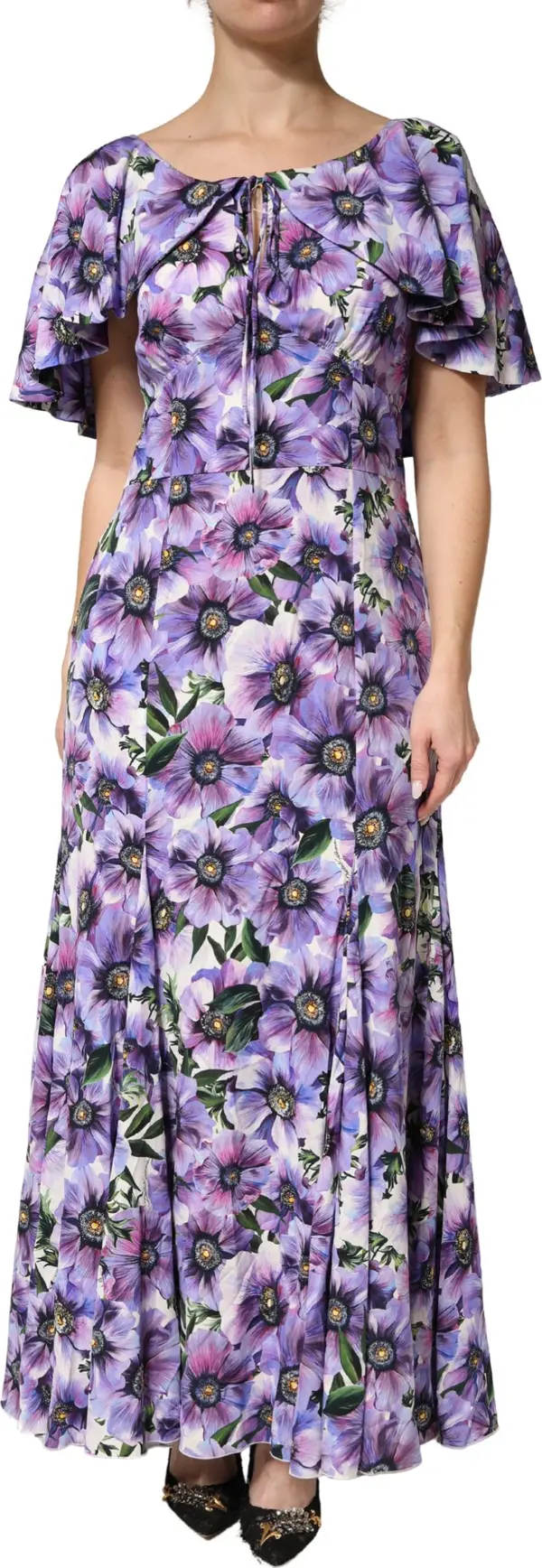 Purple Floral Silk Stretch Elegant Gown  Dress