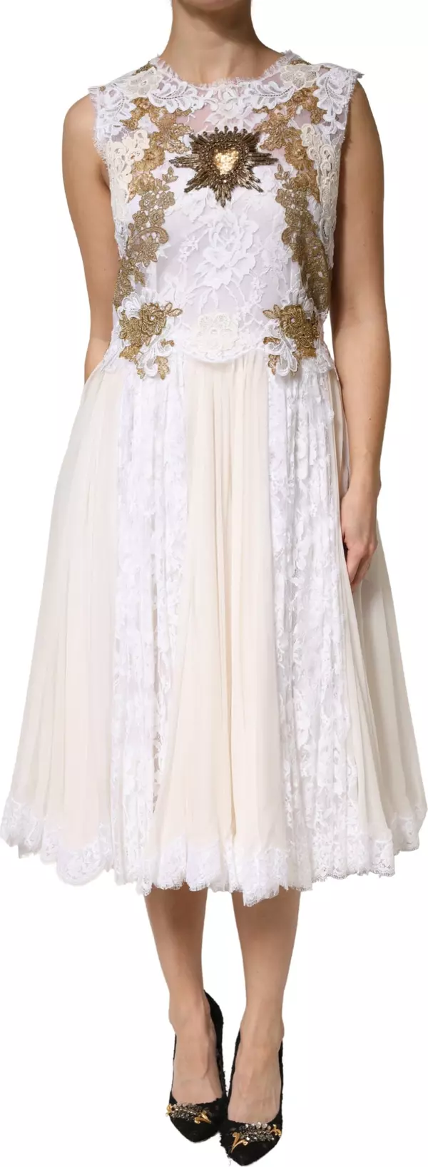 Ivory Lace Silk Embellished Sleeveless Dress