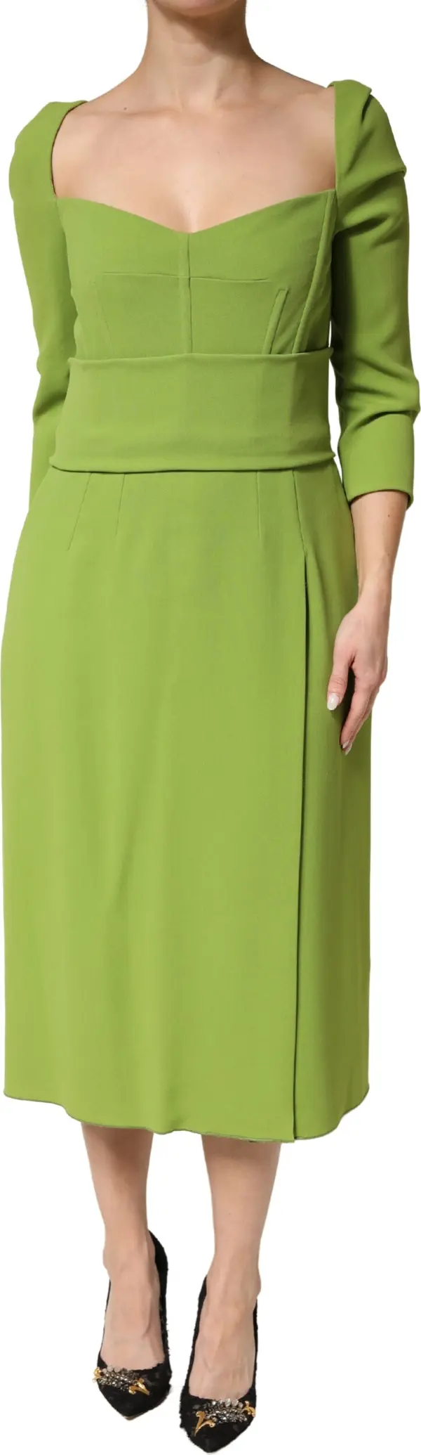 Green Silk Sweetheart Neckline Midi Dress