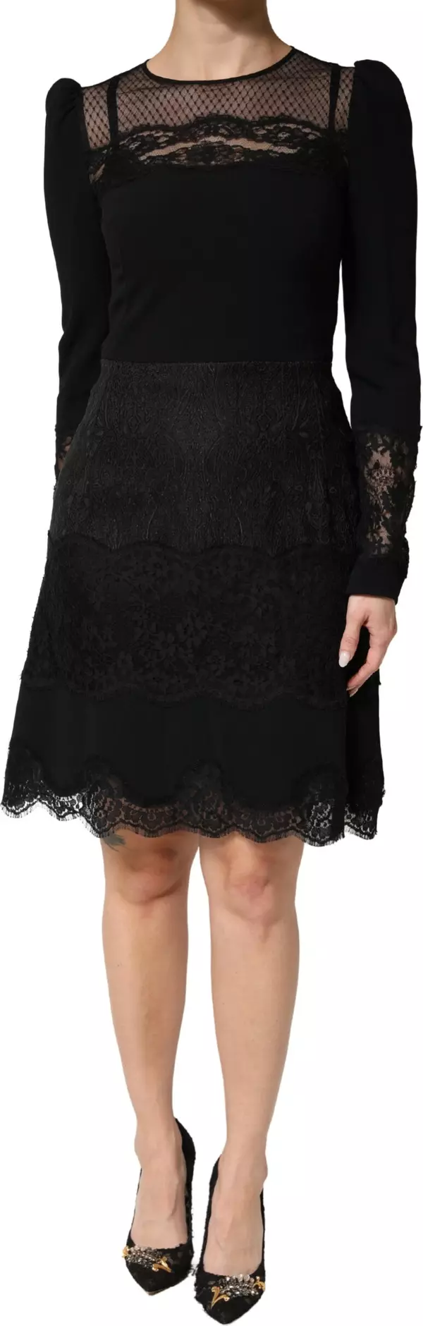 Black Lace Sheer Panel Midi Long Sleeve Dress