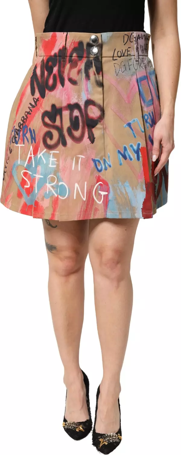 Beige Graffiti Print Cotton Blend Mini Skirt