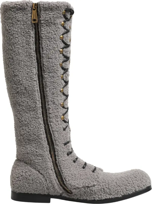 Gray Shearling Lace Up Knee High Boots Shoes