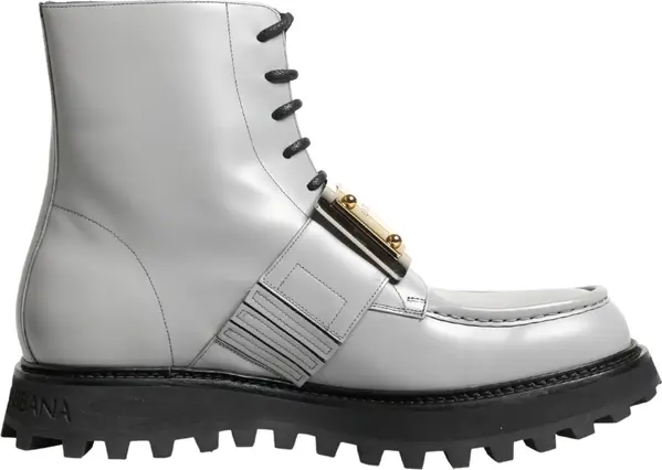 Gray Leather Logo Plaque Ankle Boots Shoes