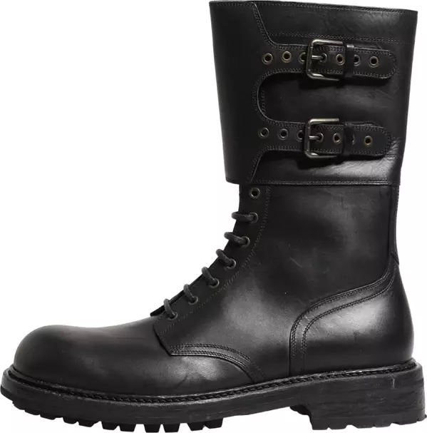 Black Leather Belted Buckle Combat Boots Shoes