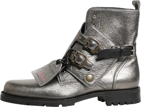 Metallic Silver Leather Buckle Ankle Boots Shoes