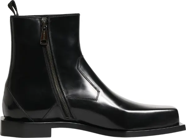 Black Leather Zip Closure Ankle Boots Shoes