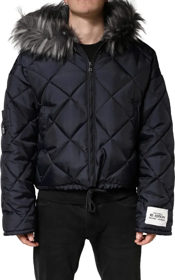 Black Quilted Fur Shearling Hooded Jacket