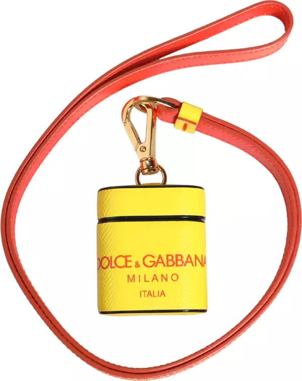 Yellow Calf Leather Logo Flip Holder Strap Airpods Case