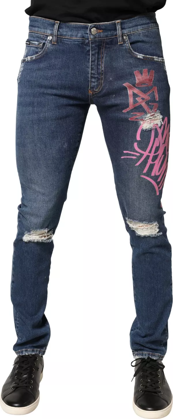 Blue Distressed Graffiti Print Skinny Jeans