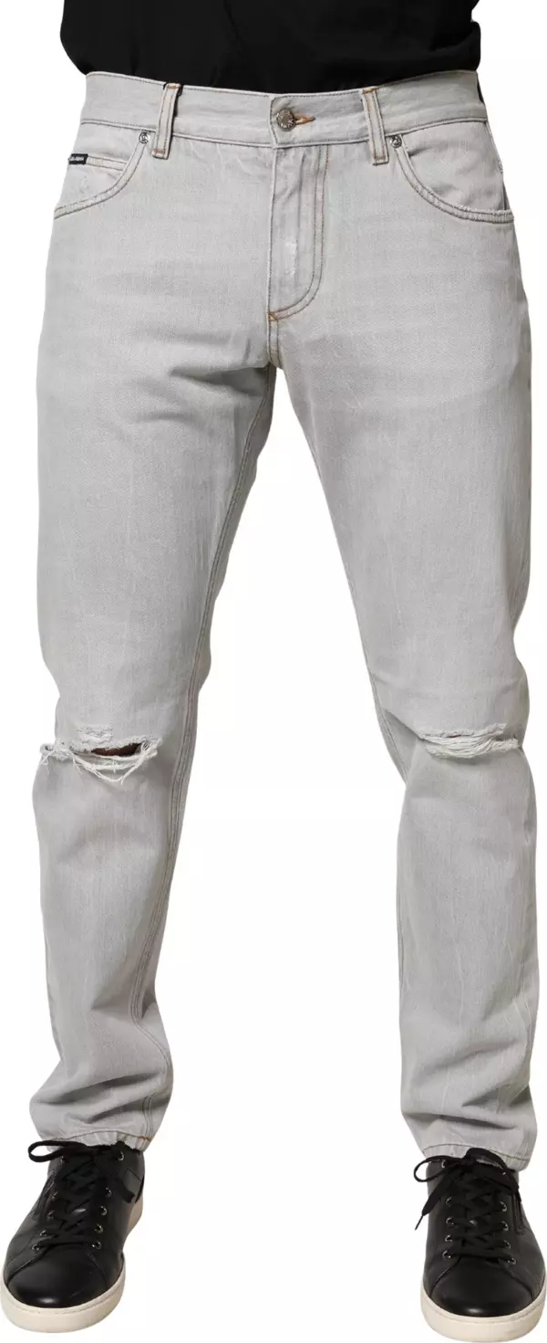 Light Gray Ripped Cotton Regular Denim Jeans