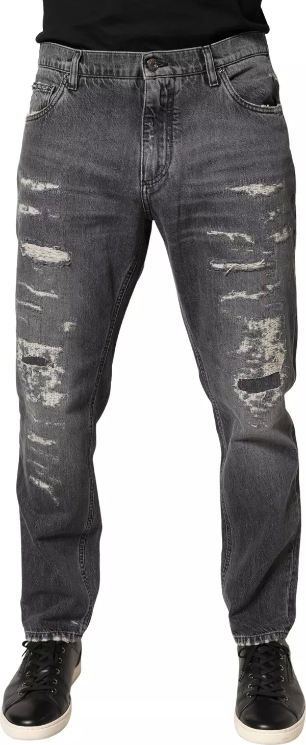 Dark Gray Tattered Cotton Loose Denim Jeans