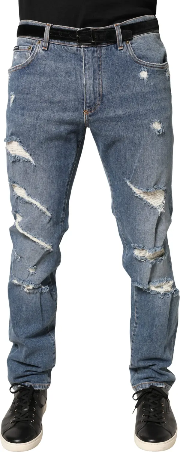 Blue Tattered Slim Fit Cotton Denim Jeans