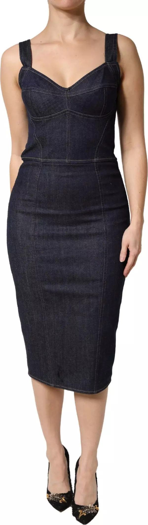 Dark Blue Cotton Denim Sheath Midi Dress