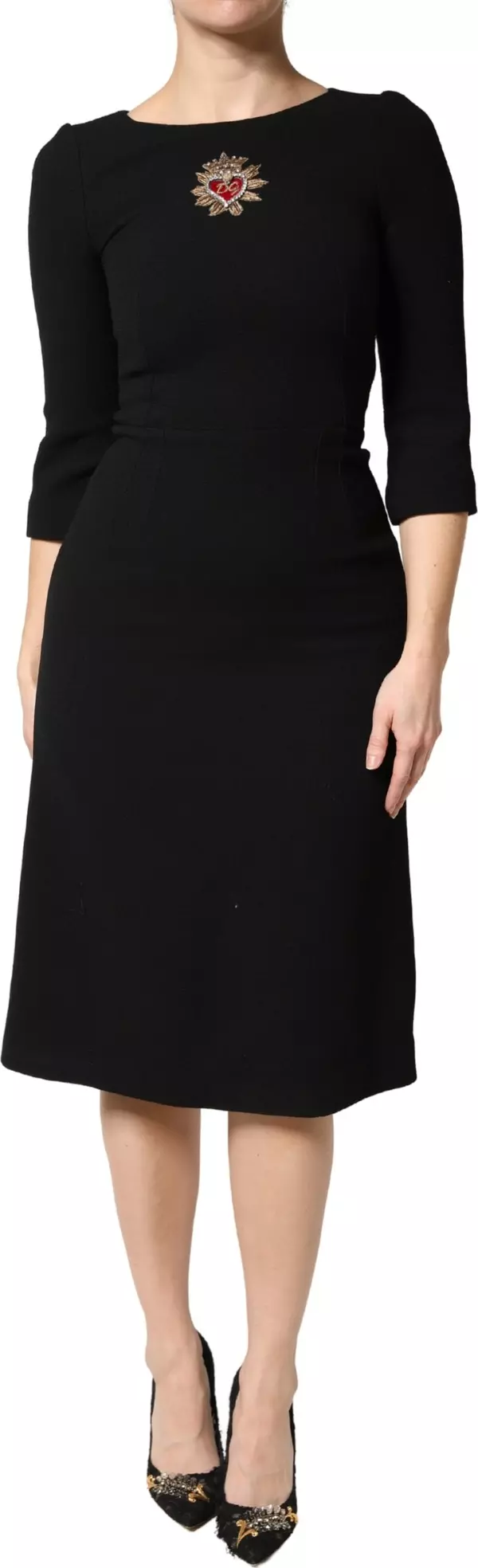 Black Wool Sacred Heart Patch Midi Dress