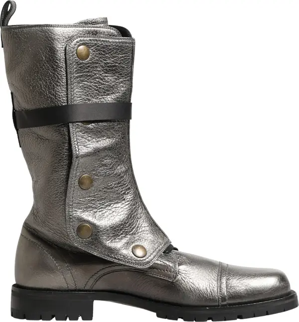 Metallic Silver Combat Biker Mid Calf Boots Shoes