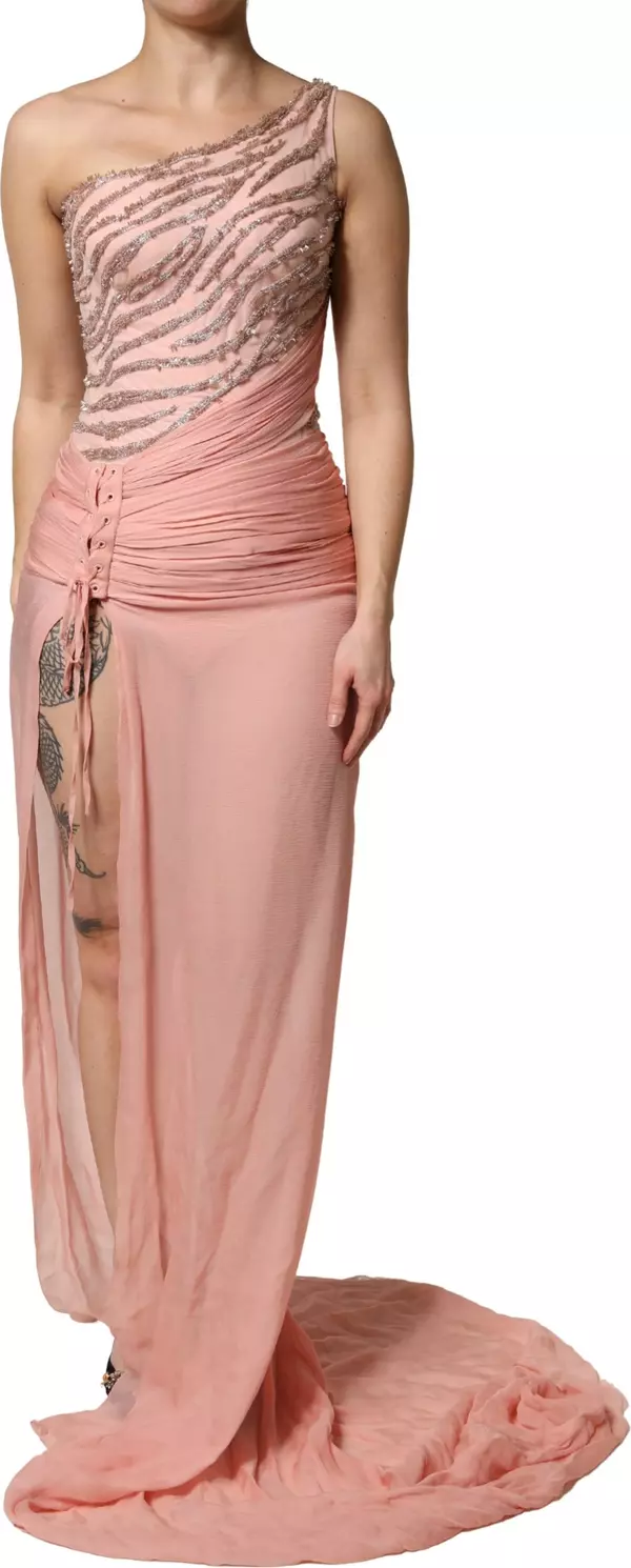 Pink Embellished One Shoulder Maxi Dress