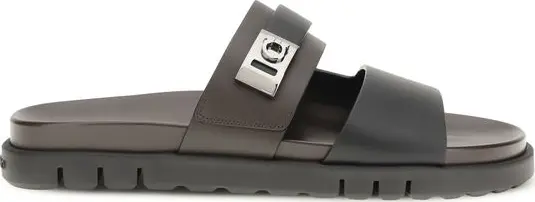 Black Calf Leather Bos Taurus Flat Sandals