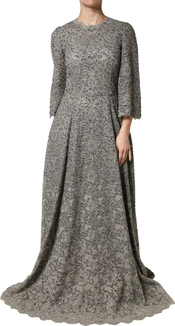 Gray Lace Long Sleeves Cotton Maxi Dress