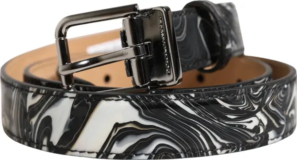 Men Black Marble Leather Metal Buckle Belt