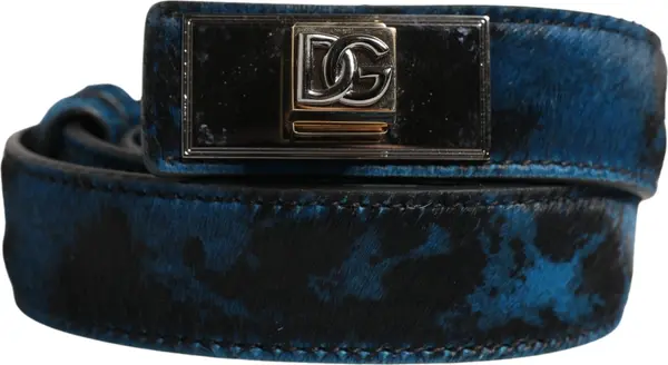 Men Blue Calf Leather Logo Metal Buckle Belt