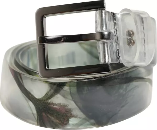 Men White Floral PVC Silver Metal Buckle Belt