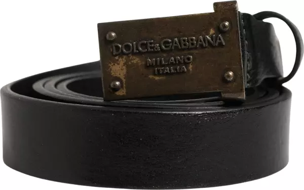 Men Black Classic Leather Logo Buckle Belt