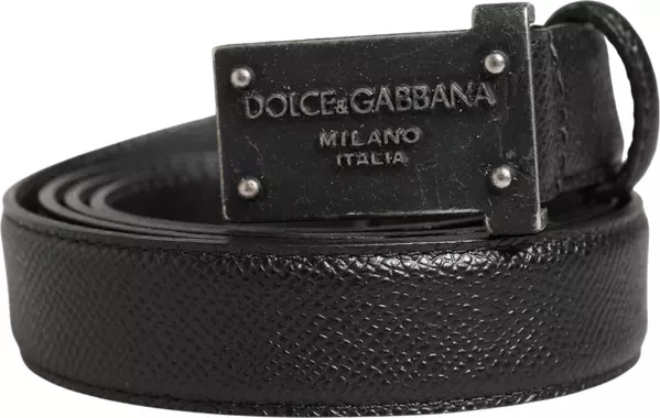 Men Black Calf Leather Logo Metal Buckle Belt