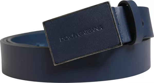 Blue Calf Leather Logo Metal Buckle Belt