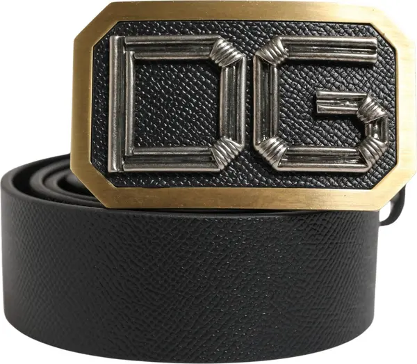 Men Black Leather DG Logo Metal Buckle Belt