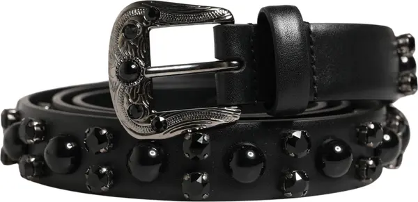 Men Black Calf Embellished Metal Buckle Belt