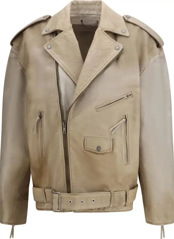 Beige Buffalo Leather Biker Jacket