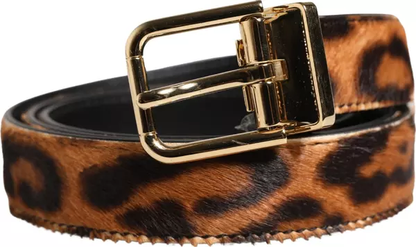 Brown Calf Fur Leopard Metal Buckle Belt