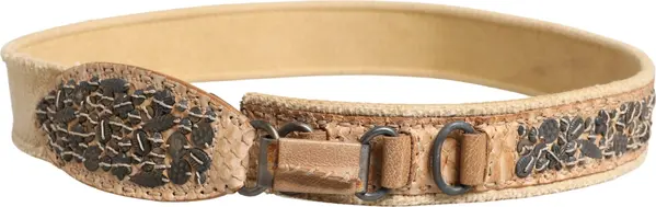 Beige Canvas Embellished Metal Buckle Belt