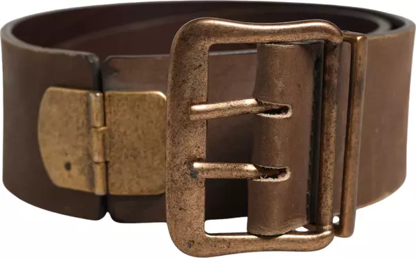 Brown Leather Wide Gold Metal Buckle Belt
